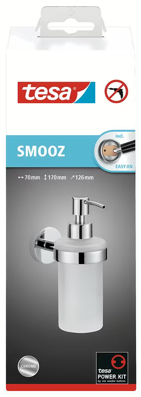 Chromový dávkovač mýdla Tesa Smooz se saténovým sklem a montáží bez vrtání Power.Kit.