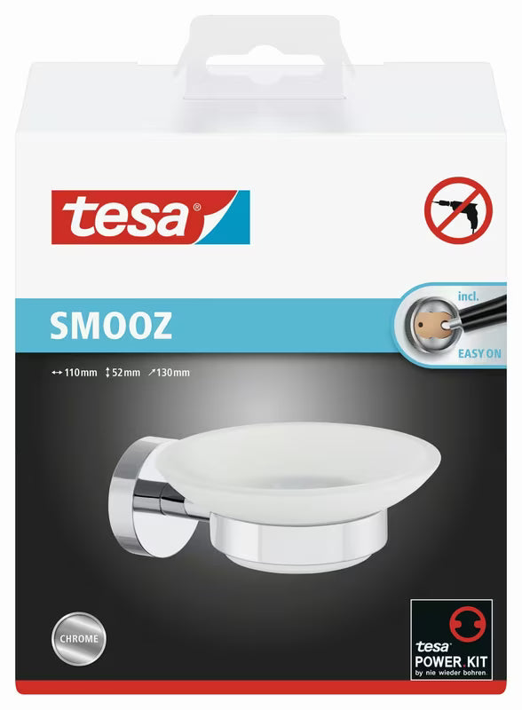 Chromovaný držák mýdlenky Tesa Smooz se saténovou skleněnou miskou pro montáž bez vrtání