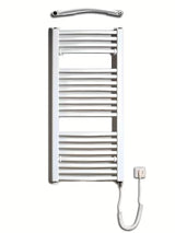 Bílý elektrický trubkový radiátor Thermal Trend KDOE 450x960 mm s topnou tyčí a kabelem do zásuvky.