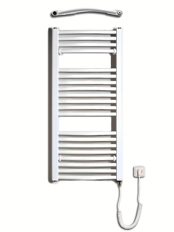 Bílý elektrický trubkový radiátor Thermal Trend KDOE 450x960 mm s topnou tyčí a kabelem do zásuvky.