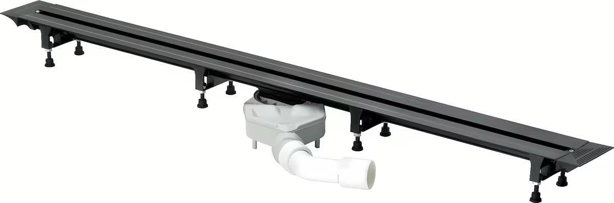 Černý sprchový žlab Viega Advantix Vario s nastavitelnou délkou a připojením odpadu DN 40/50.