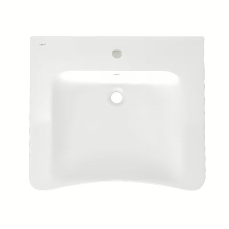 Bílé závěsné bezbariérové umyvadlo Vitra 65x56 cm z keramiky s přepadem a otvorem pro baterii uprostřed.