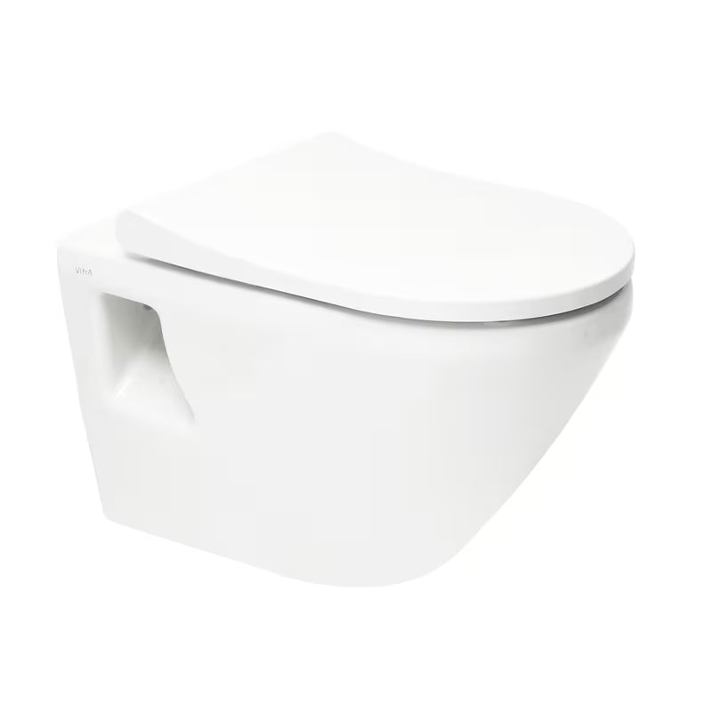 Bílé závěsné WC VitrA Integra bez splachovacího okruhu s technologií Rim-Ex a sedátkem SoftClose.