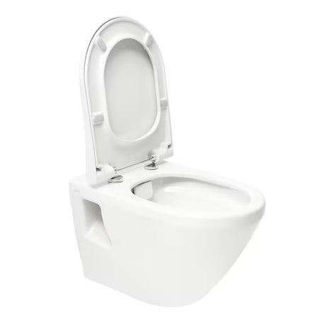 Bílé závěsné WC VitrA Integra bez splachovacího okruhu s technologií Rim-Ex a sedátkem SoftClose.