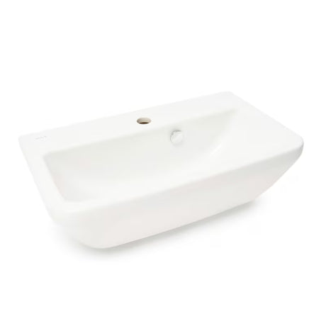 Bílé závěsné umyvadlo Vitra Integra 60x36 cm z keramiky s otvorem pro baterii uprostřed a přepadem.