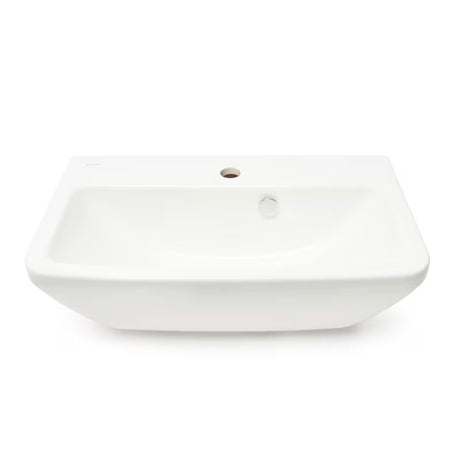 Bílé závěsné umyvadlo Vitra Integra 60x36 cm z keramiky s otvorem pro baterii uprostřed a přepadem.