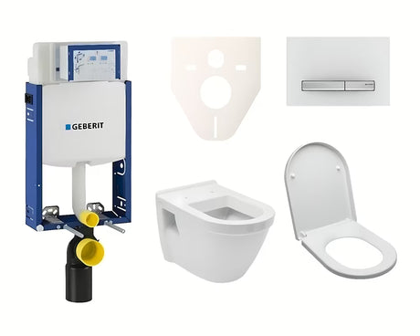 Závěsný WC set VitrA Integra k zazdění s nádržkou Geberit a Duroplast sedátkem v bílé barvě.