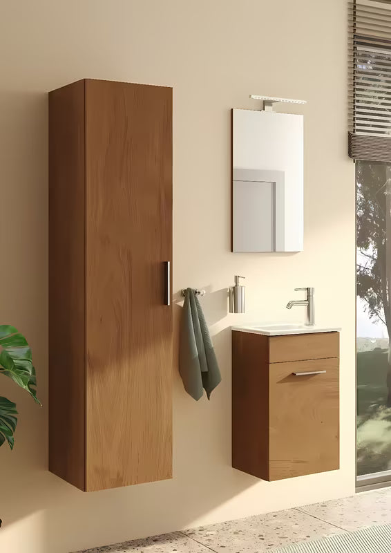 Závěsná koupelnová sestava VitrA Mia v provedení zlatý dub s umyvadlem, zrcadlem a LED osvětlením
