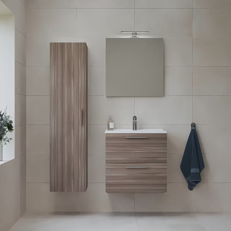 Koupelnová sestava VitrA Mia v dekoru cordoba s keramickým umyvadlem, zrcadlem a LED osvětlením.