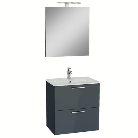 Koupelnová sestava Vitra Mia v antracitové barvě s umyvadlem, závěsnou skříňkou, zrcadlem a LED osvětlením.