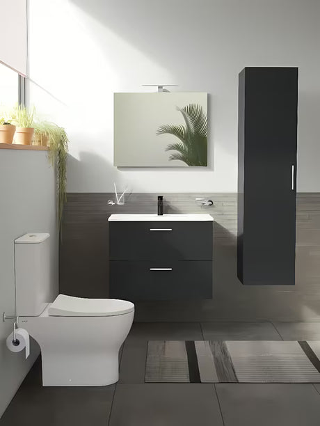 Koupelnová sestava Vitra Mia v antracitové barvě s umyvadlem, závěsnou skříňkou, zrcadlem a LED osvětlením.