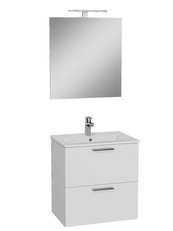 Bílá koupelnová sestava Vitra Mia s keramickým umyvadlem, závěsnou skříňkou, zrcadlem a LED osvětlením.