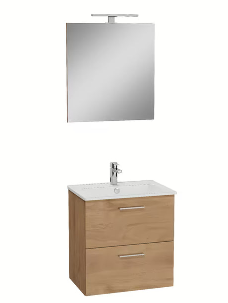 Koupelnová sestava Vitra Mia v dekoru zlatý dub se závěsnou skříňkou, umyvadlem, zrcadlem a LED osvětlením.