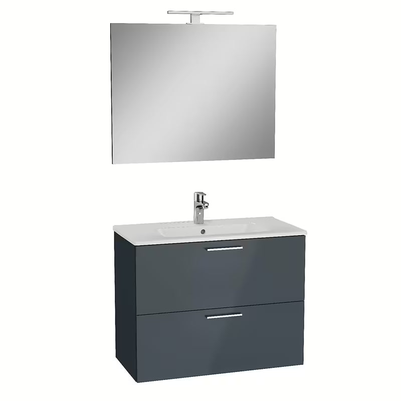 Koupelnová sestava Vitra Mia 79 x 39,5 cm v antracitové barvě se skříňkou, umyvadlem, zrcadlem a LED osvětlením.