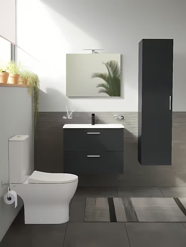 Koupelnová sestava Vitra Mia 79 x 39,5 cm v antracitové barvě se skříňkou, umyvadlem, zrcadlem a LED osvětlením.