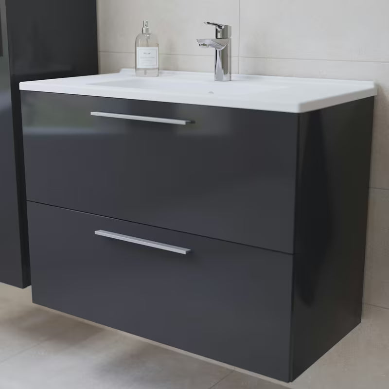 Koupelnová sestava Vitra Mia 79 x 39,5 cm v antracitové barvě se skříňkou, umyvadlem, zrcadlem a LED osvětlením.