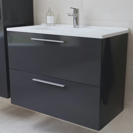 Koupelnová sestava Vitra Mia 79 x 39,5 cm v antracitové barvě se skříňkou, umyvadlem, zrcadlem a LED osvětlením.