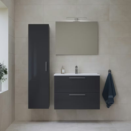 Koupelnová sestava Vitra Mia 79 x 39,5 cm v antracitové barvě se skříňkou, umyvadlem, zrcadlem a LED osvětlením.
