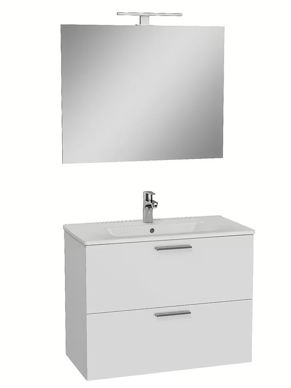 Bílá koupelnová sestava Vitra Mia s keramickým umyvadlem, závěsnou skříňkou, zrcadlem a LED osvětlením.