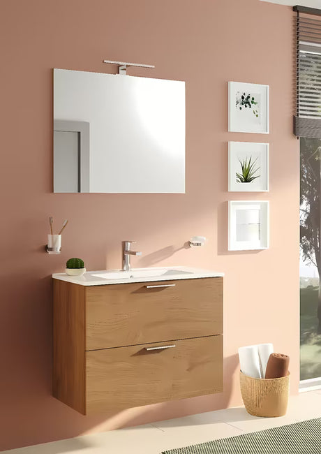 Koupelnová sestava Vitra Mia 79 x 39,5 cm v dekoru zlatý dub se skříňkou, umyvadlem, zrcadlem a LED osvětlením.