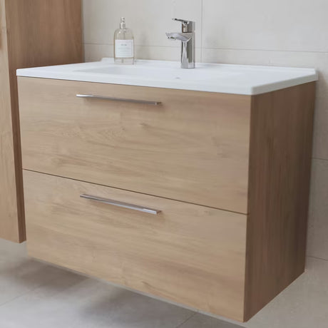 Koupelnová sestava Vitra Mia 79 x 39,5 cm v dekoru zlatý dub se skříňkou, umyvadlem, zrcadlem a LED osvětlením.