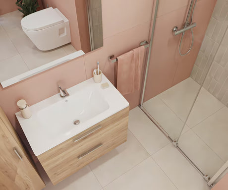 Koupelnová sestava Vitra Mia 79 x 39,5 cm v dekoru zlatý dub se skříňkou, umyvadlem, zrcadlem a LED osvětlením.