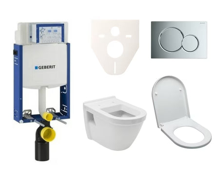 Závěsný WC set VitrA Integra s modulem k zazdění, nádržkou Geberit Kombifix a chromovým ovládacím tlačítkem.