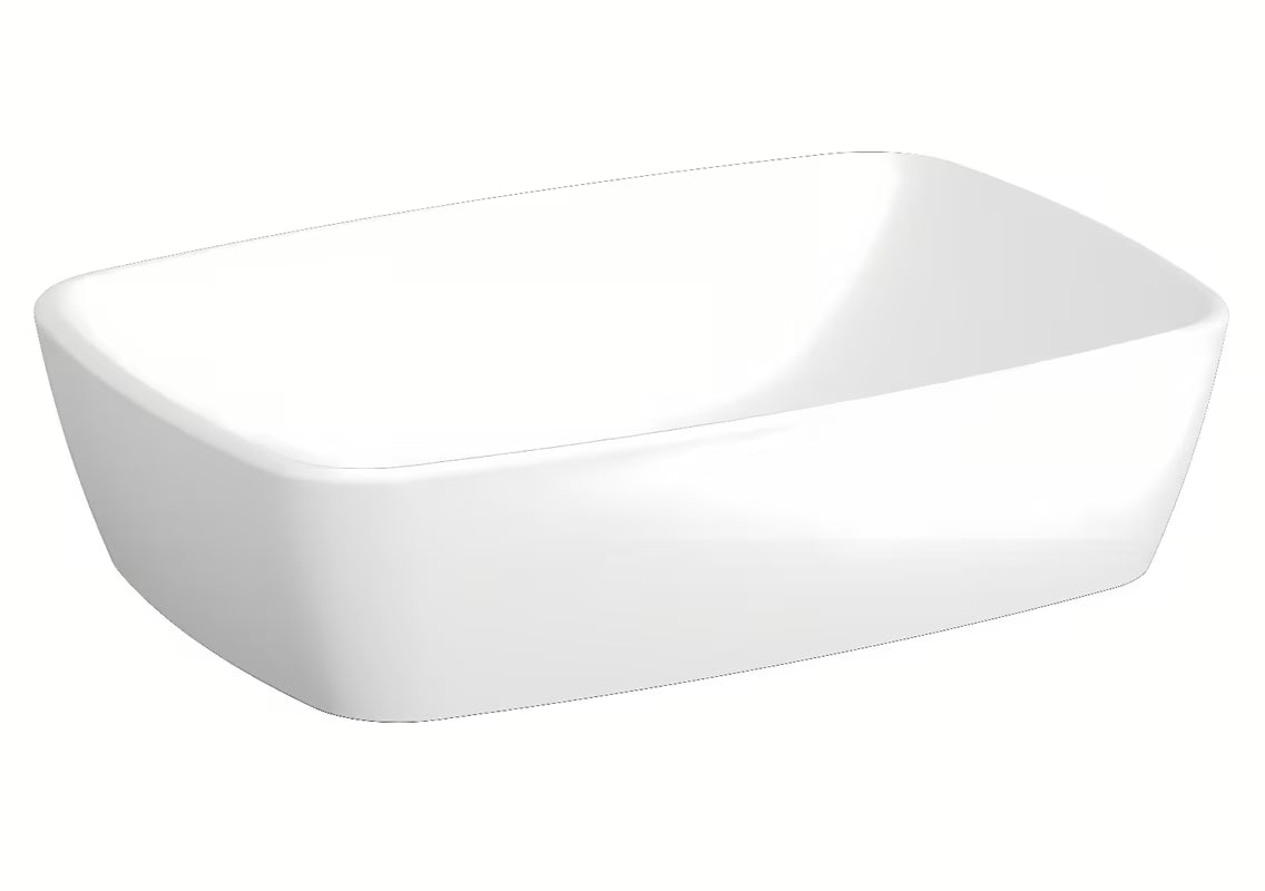 Bílé keramické umyvadlo na desku Vitra Shift New 55 x 38 cm bez přepadu a bez otvoru pro baterii.