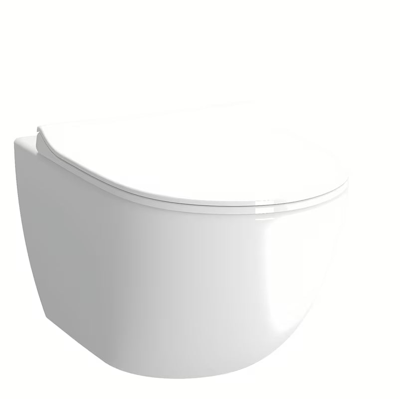 Bílé závěsné WC VitrA Shift bez splachovacího okruhu se skrytým uchycením a oblým tvarem.