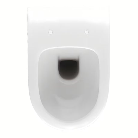 Bílé závěsné WC VitrA Shift bez splachovacího okruhu se skrytým uchycením a oblým tvarem.