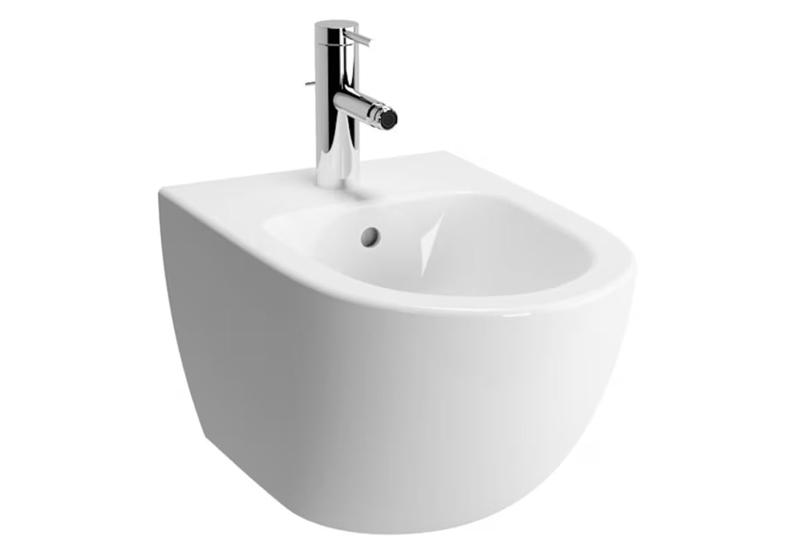 Bílý závěsný bidet VitrA Shift se skrytým uchycením keramiky bez rušivých krytek a otvorů.