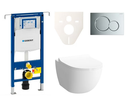 Závěsný WC set SAT Infinitio pro předstěnovou montáž s nádržkou Geberit Duofix a ovládacím tlačítkem chrom lesklý.